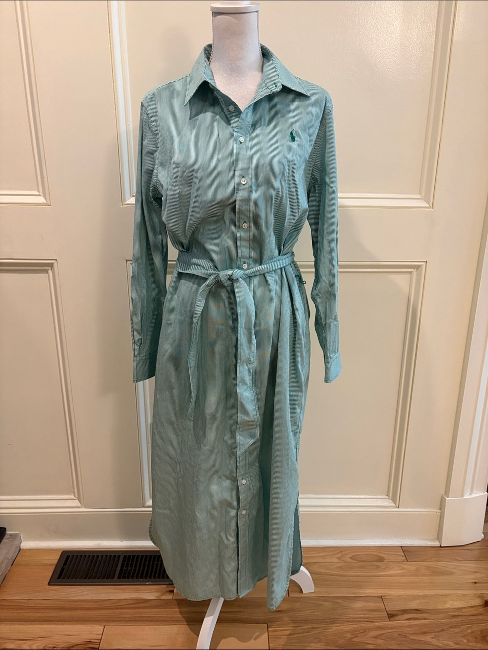 Polo by Ralph Lauren Seafoam Green Long-Sleeve Button Shirt Dress with Waist Tie